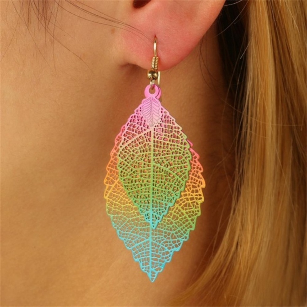 Festival Boho Rainbow Leaf Dangle Earrings - Picture 1 of 4